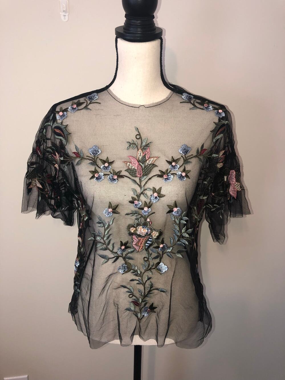 Zara Black Sheer Floral Embroidered Mesh Blouse Size XS Stevie Nicks Whimsygoth